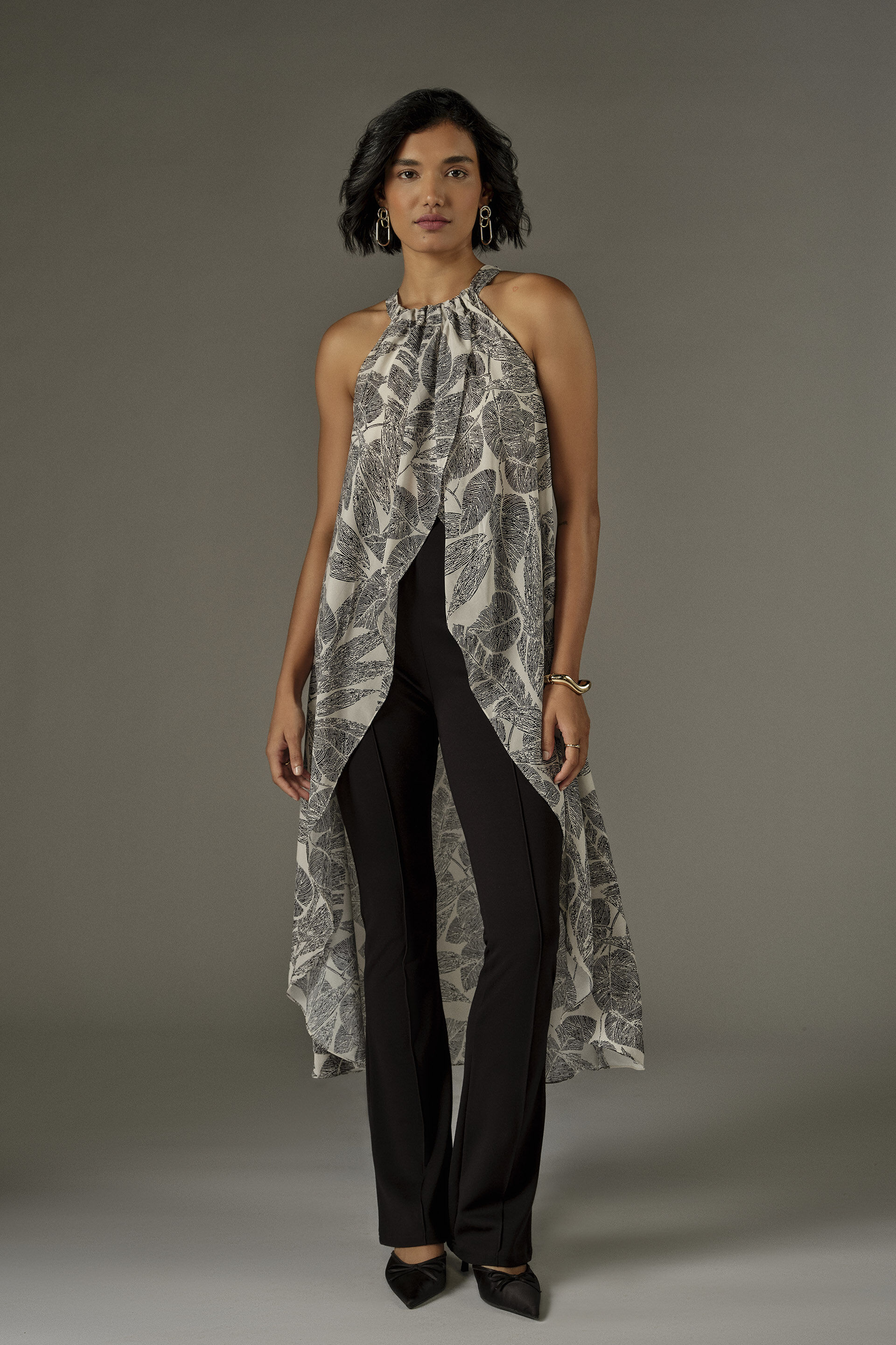 High-low Leaf Print Halter Top in White, White, image 2